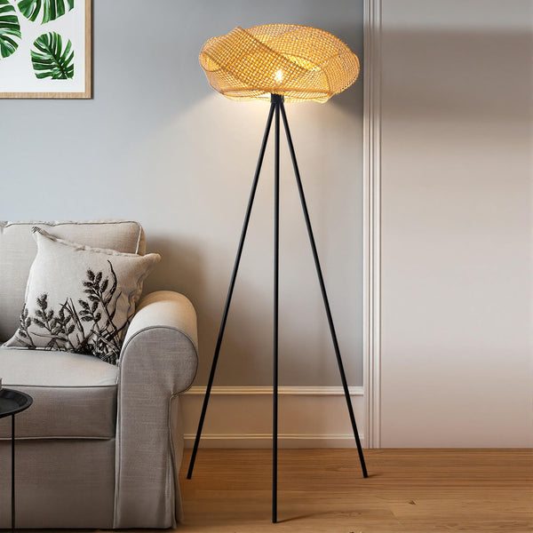 Bamboo Tripod Floor Lamp with Handwoven Lotus Shade