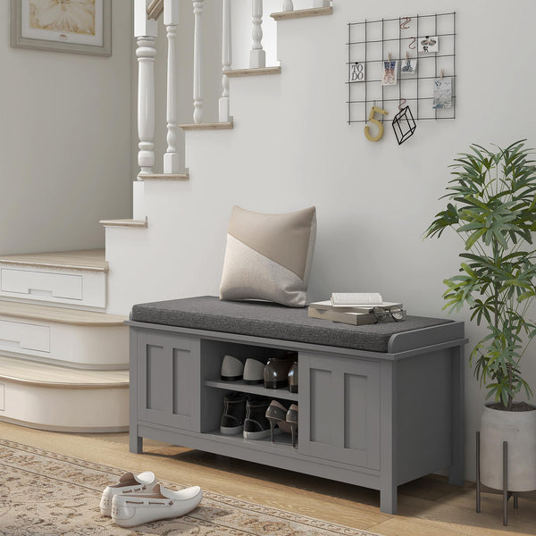 Entryway Shoe Storage Bench with Sliding Doors & Padded Seat
