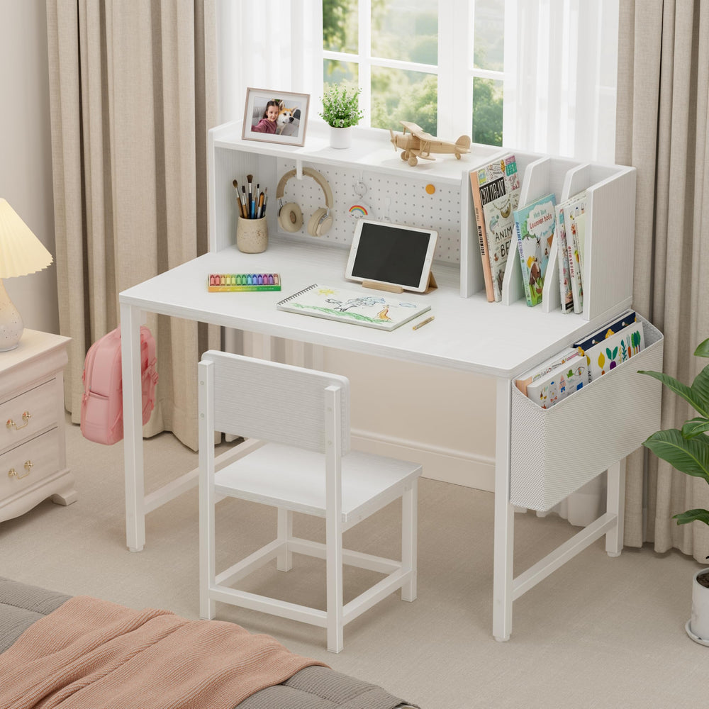 Kids Desk and Chair Set with Hutch and Pegboard