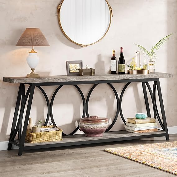70.9" Industrial Console Table with 2-Tier Storage Shelf