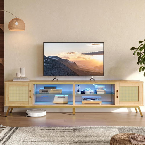 80-Inch Rattan TV Stand with LED Lights & Storage