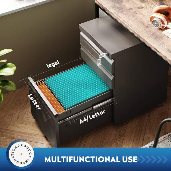 3-Drawer Mobile File Cabinet with Lock