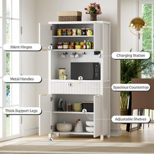 Fluted Pantry Cabinet with Charging Station, Adjustable Shelves & Storage Drawers