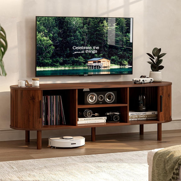 Mid-Century TV Stand with Sliding Doors & Storage Cabinets