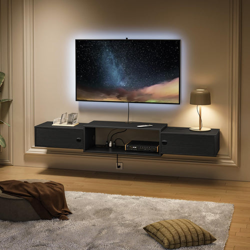55" Floating TV Stand with Power Outlets and Cabinet Doors
