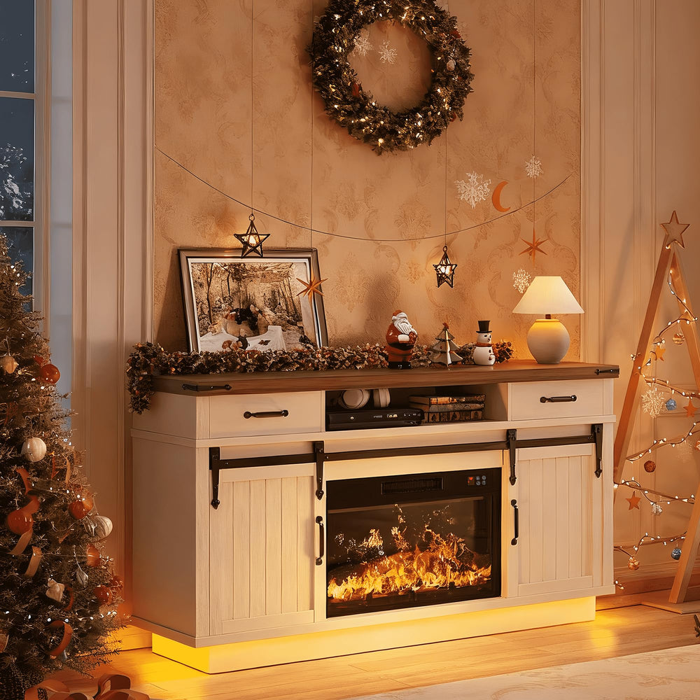 Farmhouse Electric Fireplace TV Stand with LED Light & Sliding Barn Door