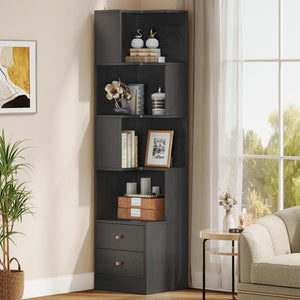 Corner Bookshelf with Drawers, 5-Tier, 70.87" Tall