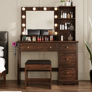 42" Walnut Brown Makeup Vanity Desk with Lighted Mirror & Charging Station
