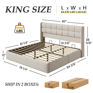 King Size Lift-Up Storage Bed Frame with Tufted Wingback Headboard