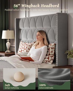 Velvet Wingback Platform Bed Frame with 56" Headboard