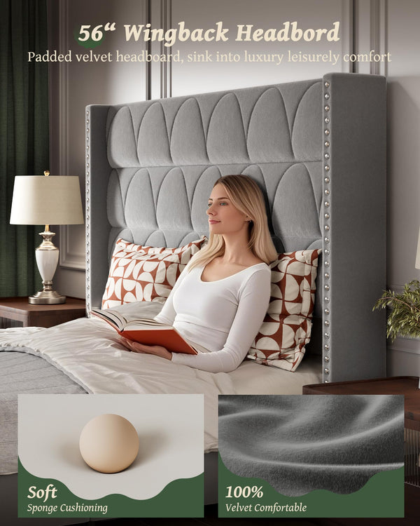Velvet Wingback Platform Bed Frame with 56" Headboard