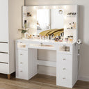 White Vanity Desk with Lighted Mirror, Glass Top & 9 Drawers
