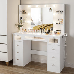 White Vanity Desk with Lighted Mirror, Glass Top & 9 Drawers