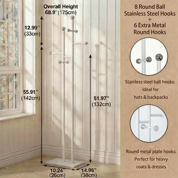 Freestanding Coat Rack with Marble Base & 14 Hooks