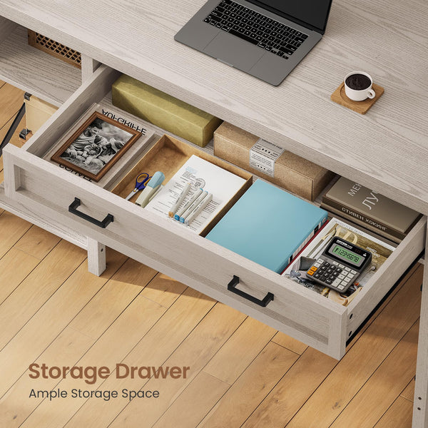 SEDETA Farmhouse Small Desk with Drawers, 40" Computer Desk with Storage Shelves, Writing Desk for Small Space and Power Outlet, Desk for Bedroom, Home Office, Mahogany Grey