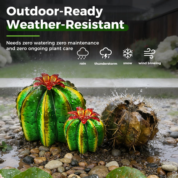 Metal Barrel Cactus Garden Sculptures 4-Pack
