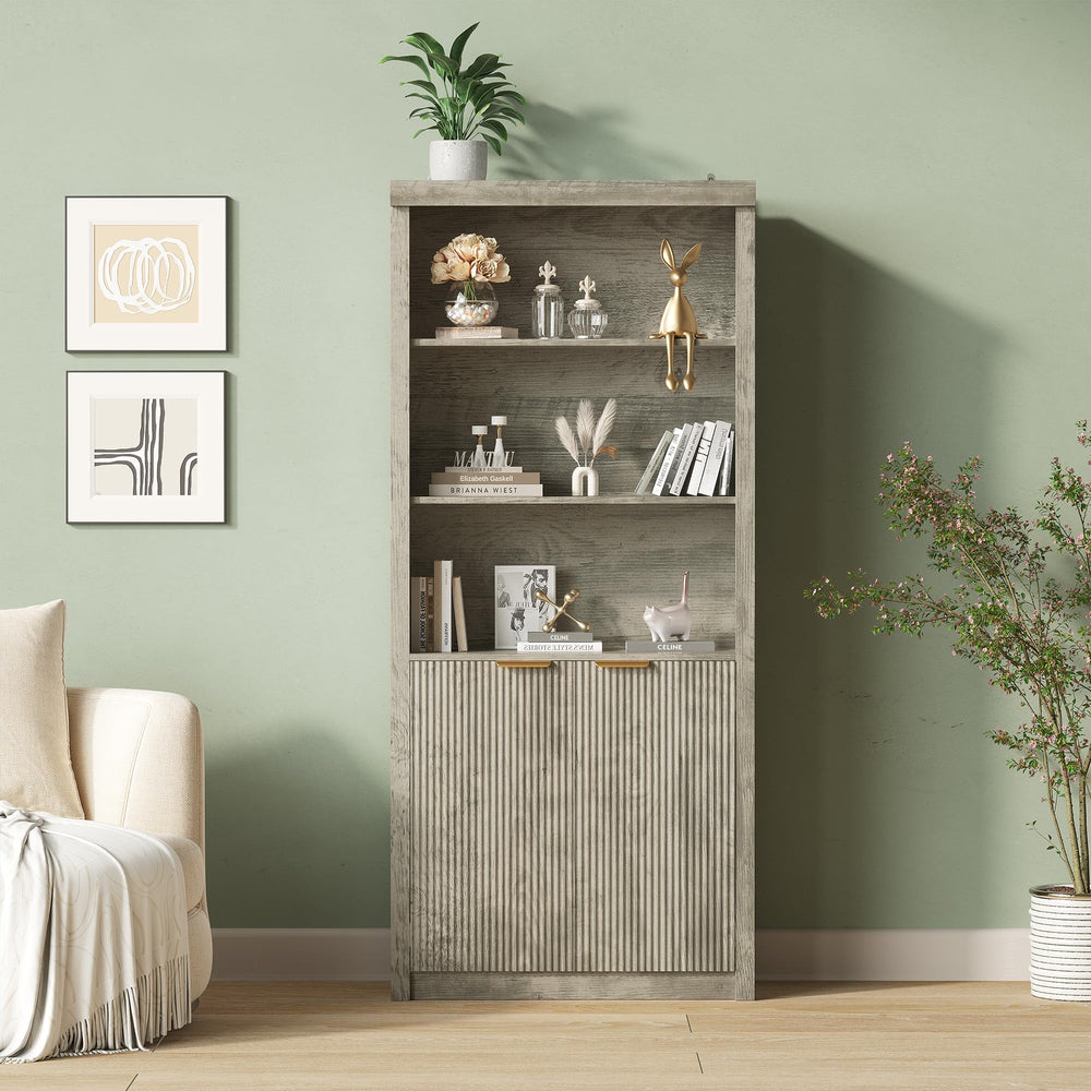 Tall Bookcase with Doors – 5-Tier, 70.87" H, Grey