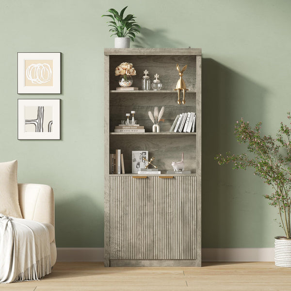 Tall Bookcase with Doors – 5-Tier, 70.87" H, Grey