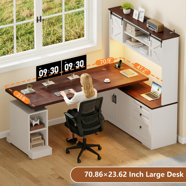 L-Shaped Electric Standing Desk with Hutch & File Cabinet