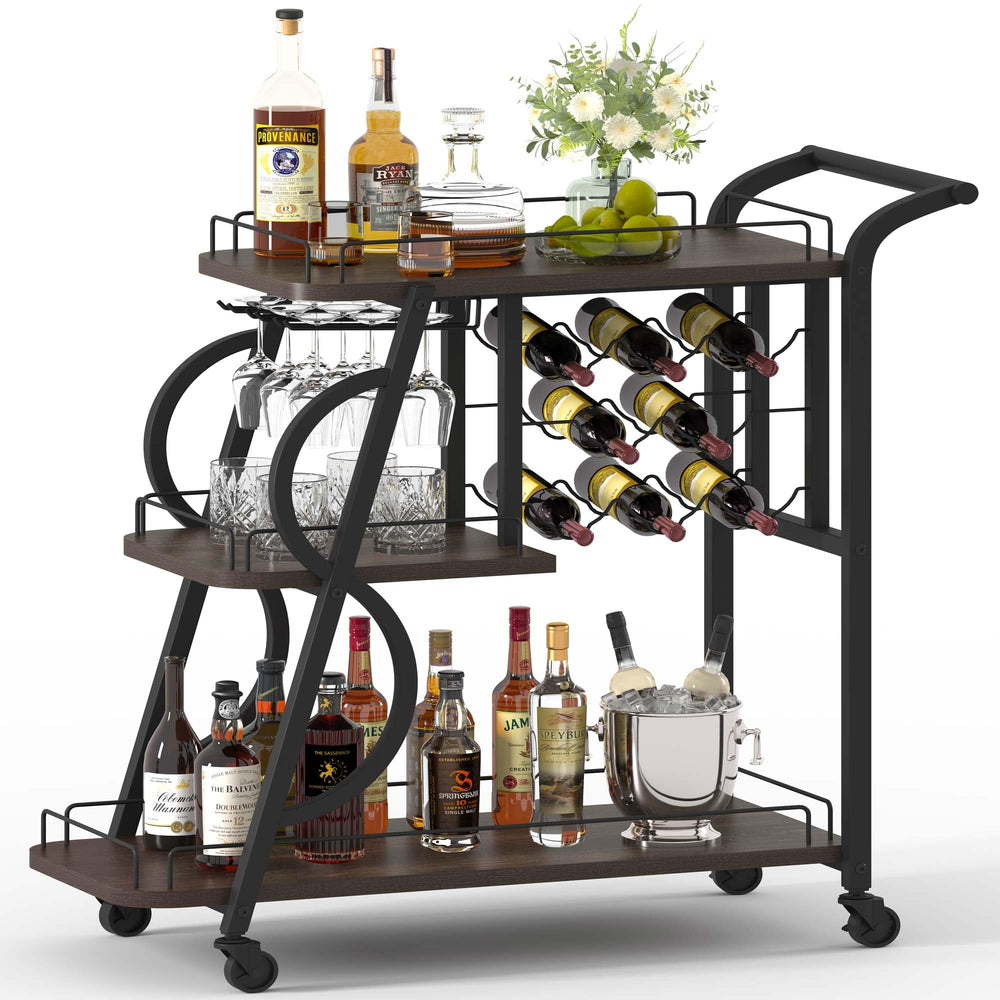 3-Tier Rolling Bar Cart with Wine Glass Holder