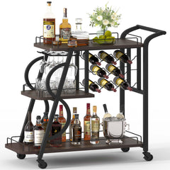 3-Tier Rolling Bar Cart with Wine Glass Holder