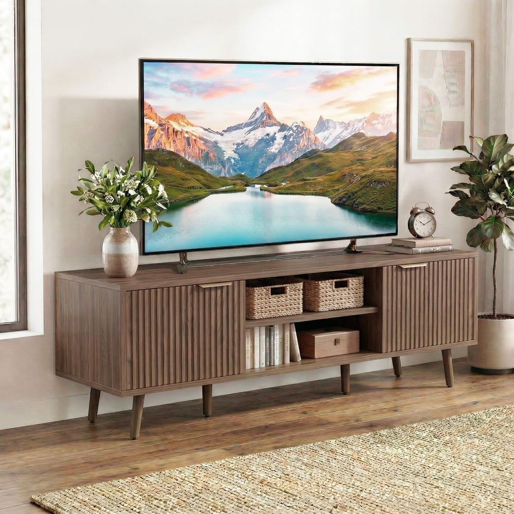 58" Fluted TV Stand with Adjustable Shelves & Cabinet Storage