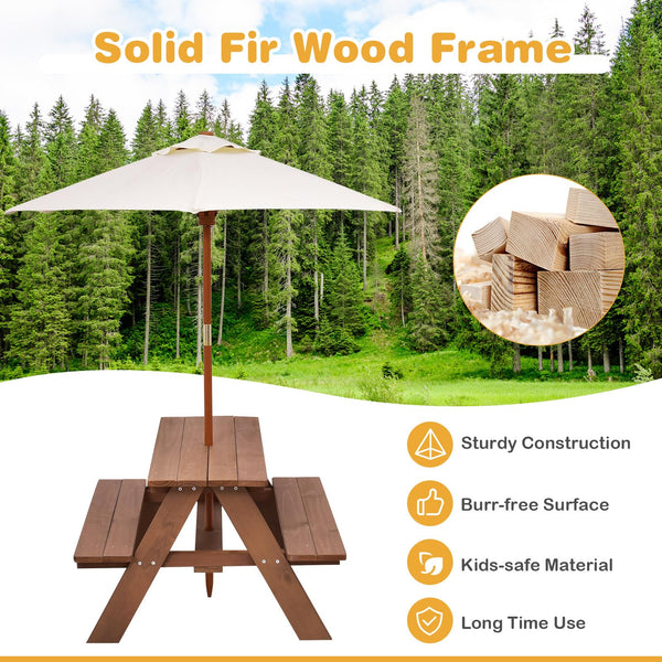 Kids Outdoor Wooden Picnic Table Set with Umbrella