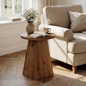 Round Solid Wood End Table with Trapezoid Base