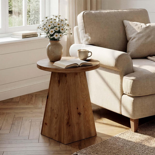 Round Solid Wood End Table with Trapezoid Base
