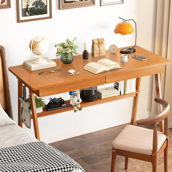 47" Mid-Century Modern Writing Desk with 2 Drawers & Storage Shelf