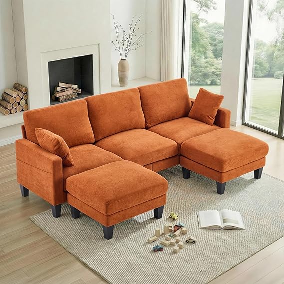 U-Shaped Sectional Sofa with Ottoman – Chenille Cloud Couch, 3-Seater