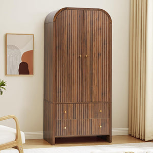 Arched Armoire Wardrobe Closet with Hanging Rod & Drawers