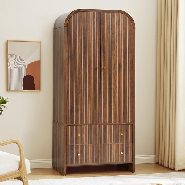 Arched Armoire Wardrobe Closet with Hanging Rod & Drawers