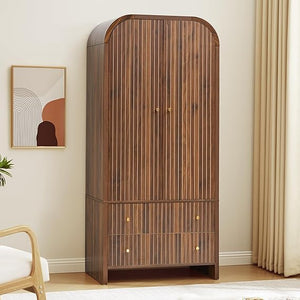 Arched Wardrobe Closet with Hanging Rod and 2 Drawers