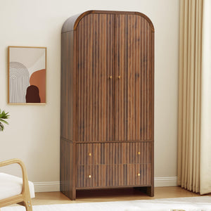 Arched Armoire Wardrobe Closet with Fluted Doors, Hanging Rod & 2 Drawers
