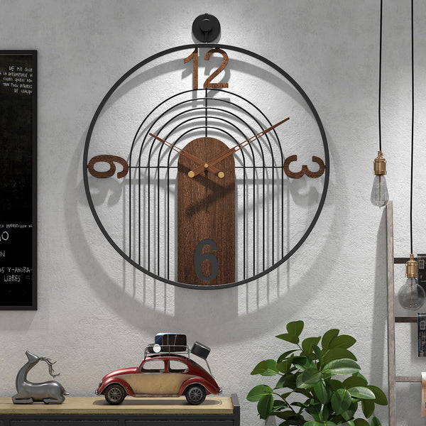 Large Round Wall Clock – Wood & Metal Frame, Silent Non-Ticking