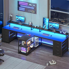 94.5" 2-Person Desk with Drawers, LED Lights, Monitor Stand & Power Strip