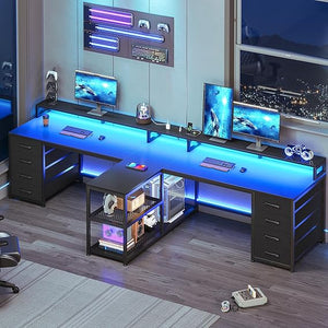 94.5" 2-Person Desk with Drawers, LED Lights, Monitor Stand & Power Strip