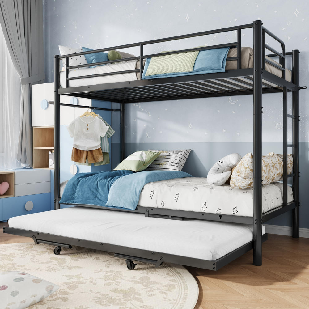 Triple Bunk Bed with Trundle – Twin Over Twin Metal Frame for Kids & Teens