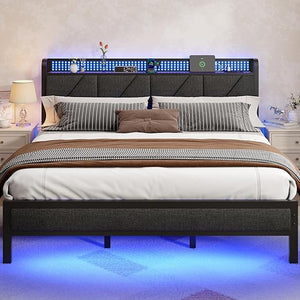Metal Platform Bed Frame with LED Headboard & Charging Station