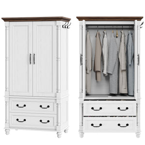 Farmhouse Armoire Wardrobe with 2 Doors & 2 Drawers – Freestanding Bedroom Closet Cabinet