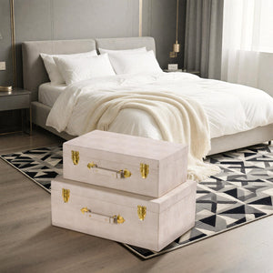Decorative Storage Trunks Set of 2 – Shagreen Faux Leather Chests with Handle