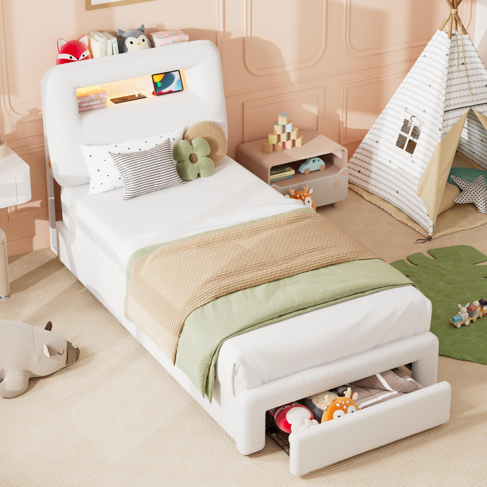 Twin Platform Bed Frame with LED Light, Charging Station, Storage Headboard & Drawer