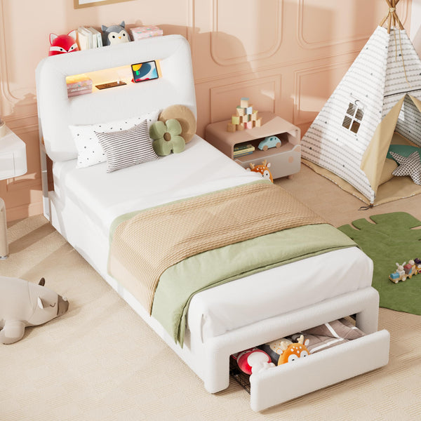 Twin Platform Bed Frame with LED Light, Charging Station, Storage Headboard & Drawer