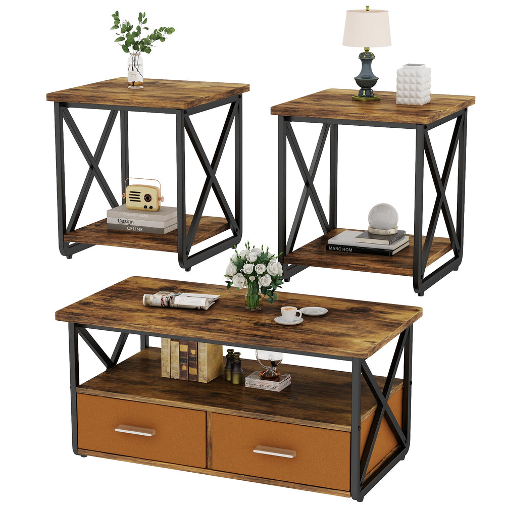 3 Piece Coffee Table Set with Fabric Drawers and Storage Shelves
