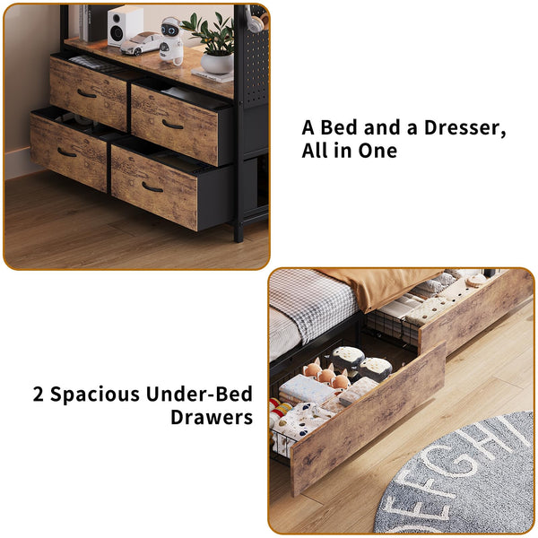 Twin Over Twin Bunk Bed with Storage Drawers, LED Lights & Charging Station