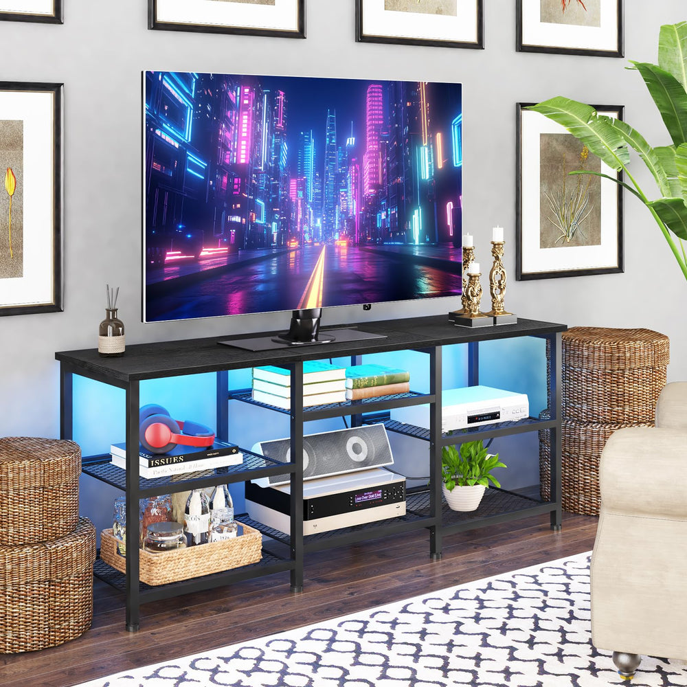 47.2" Metal & Wood TV Stand with Power Outlet, LED Lights & Open Storage Shelves