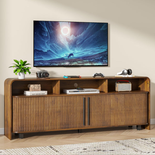 Fluted TV Stand with Sliding Doors & Adjustable Shelves