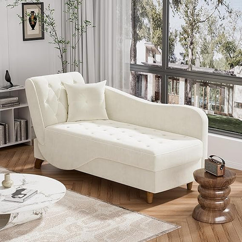 Velvet Chaise Lounge Chair with Storage & Adjustable Backrest