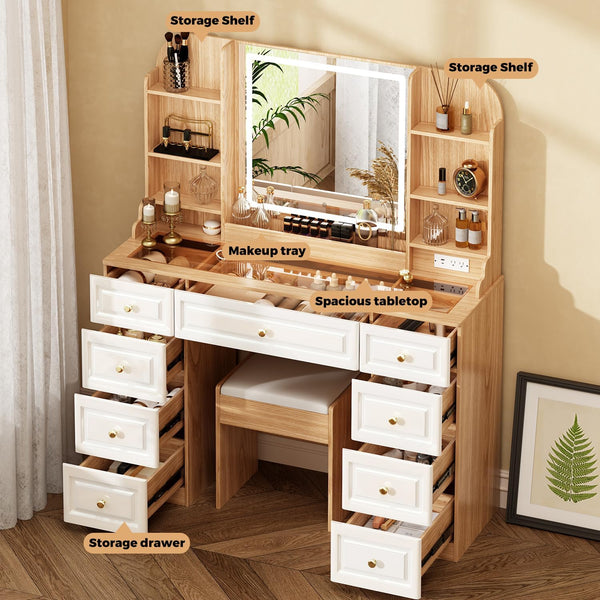 43" Makeup Vanity Desk with Mirror, Lights & Chair